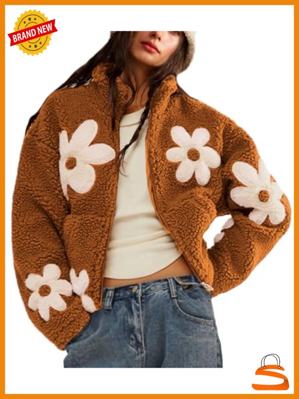 Women's Floral Sherpa Fleece Cropped Jacket Fuzzy Teddy Coat